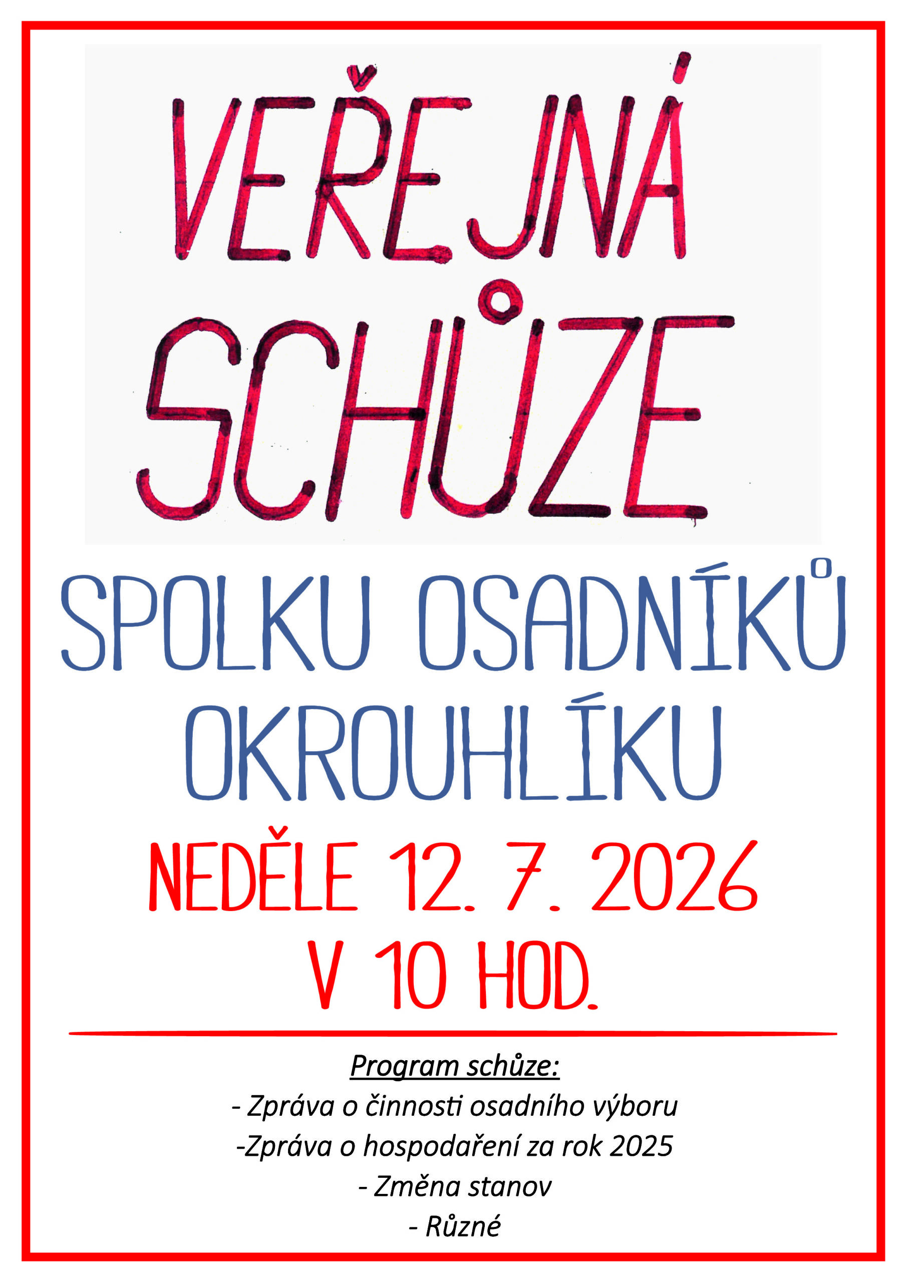 Pozvánka na veřejnou schůzi Spolku Osada Okrouhlík